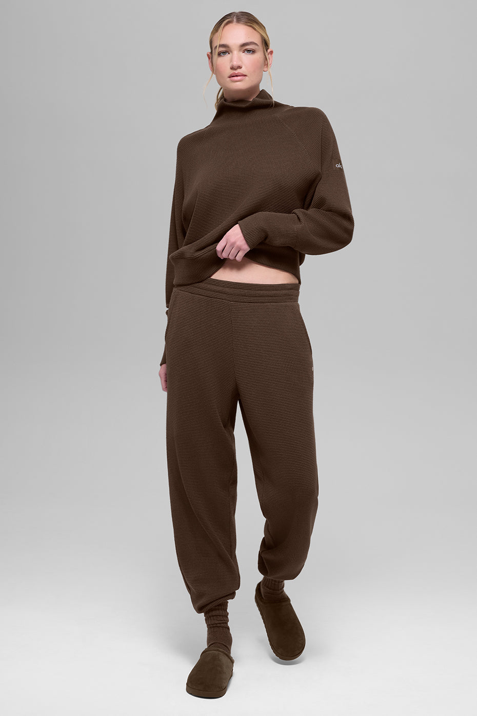 Waffle Weekend Escape Mock Neck Long Sleeve - Espresso