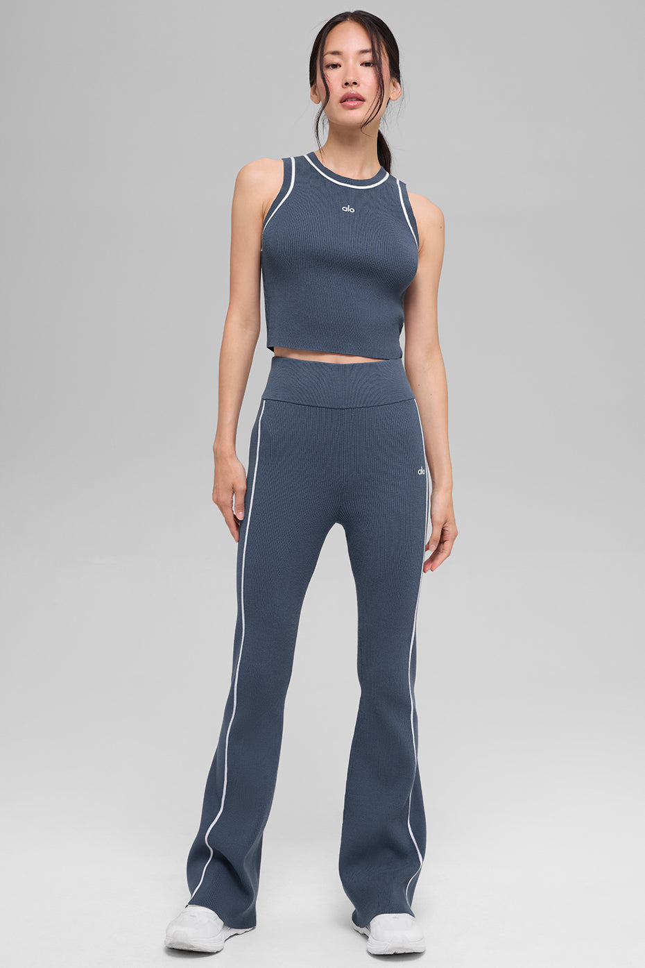 Ribbed Sweater Knit Highline Flare Pant - Bluestone/White