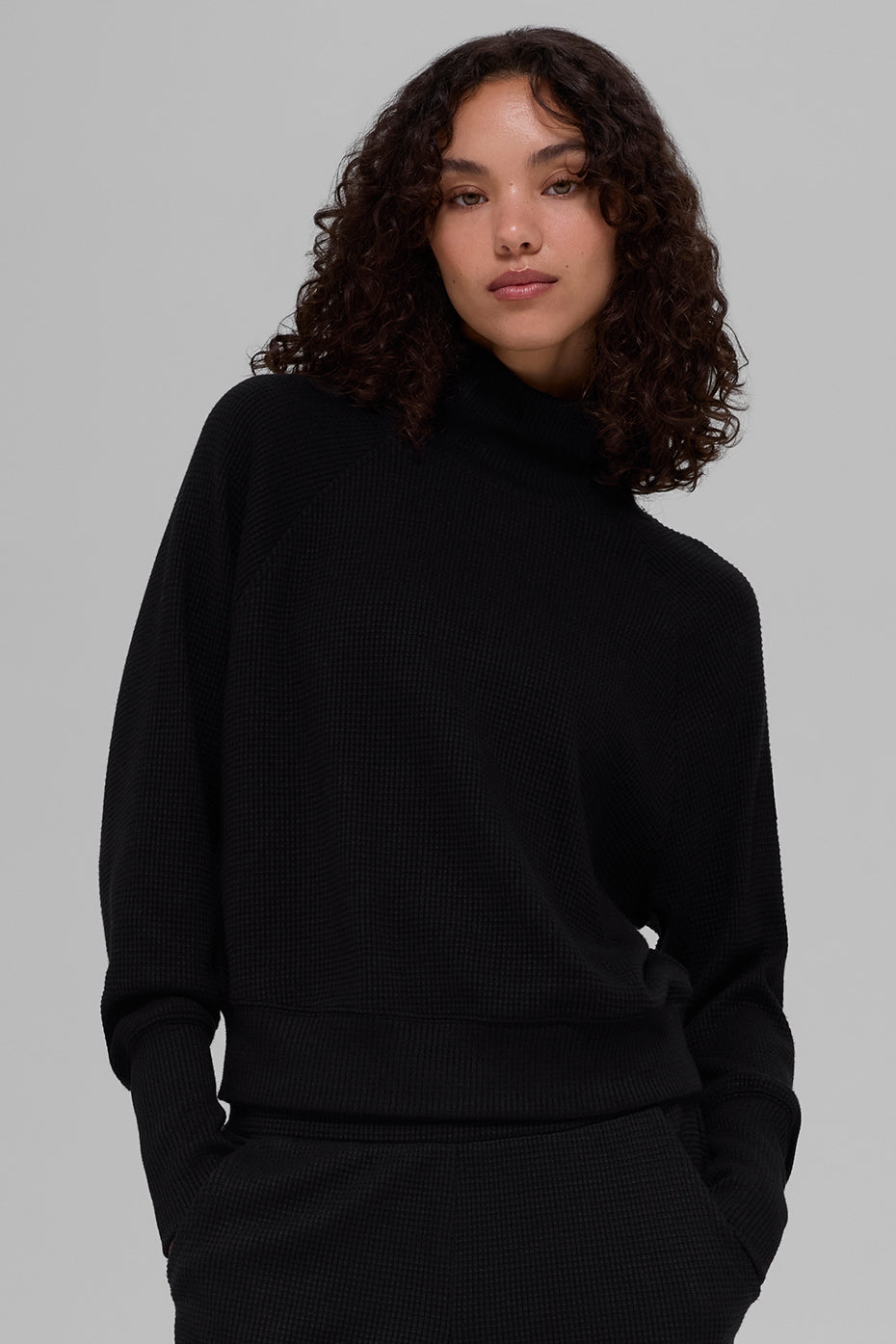 Waffle Weekend Escape Mock Neck Long Sleeve - Black