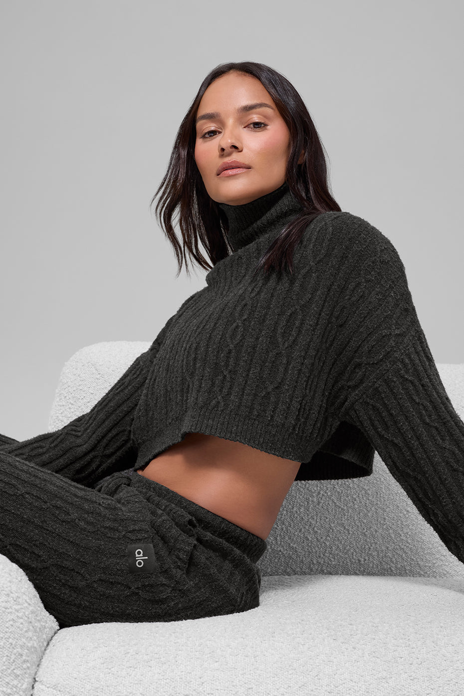 Cable Knit Cropped Winter Bliss Turtleneck Long Sleeve - Dark Heather Grey